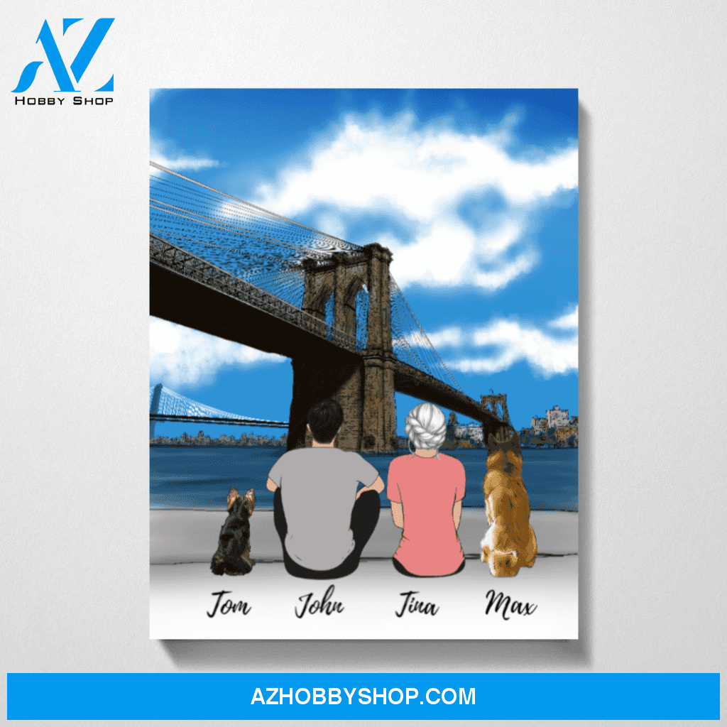 Couple and Dogs At Brooklyn Brigde Premium Canvas