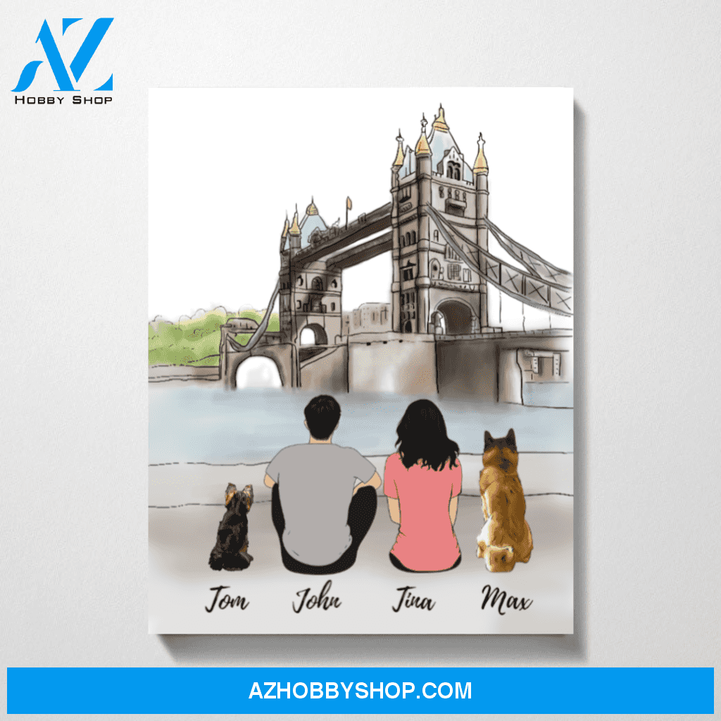 Couple and Dogs At London Brigde Premium Canvas