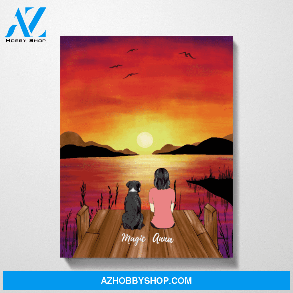 Custom Sunset Woman and Dogs Premium Canvas