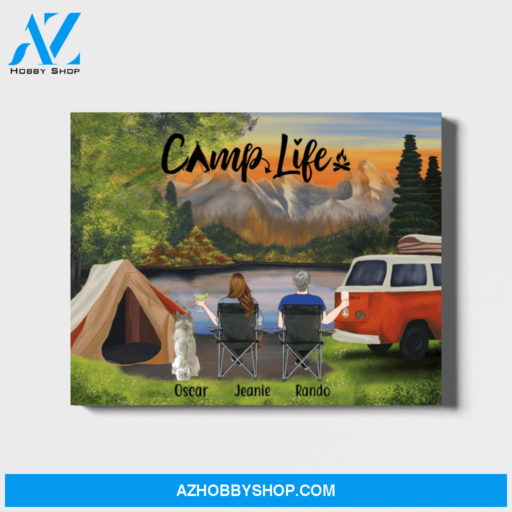 Personalized Canvas, Camping Couple and Dogs, Custom Gift for Campers