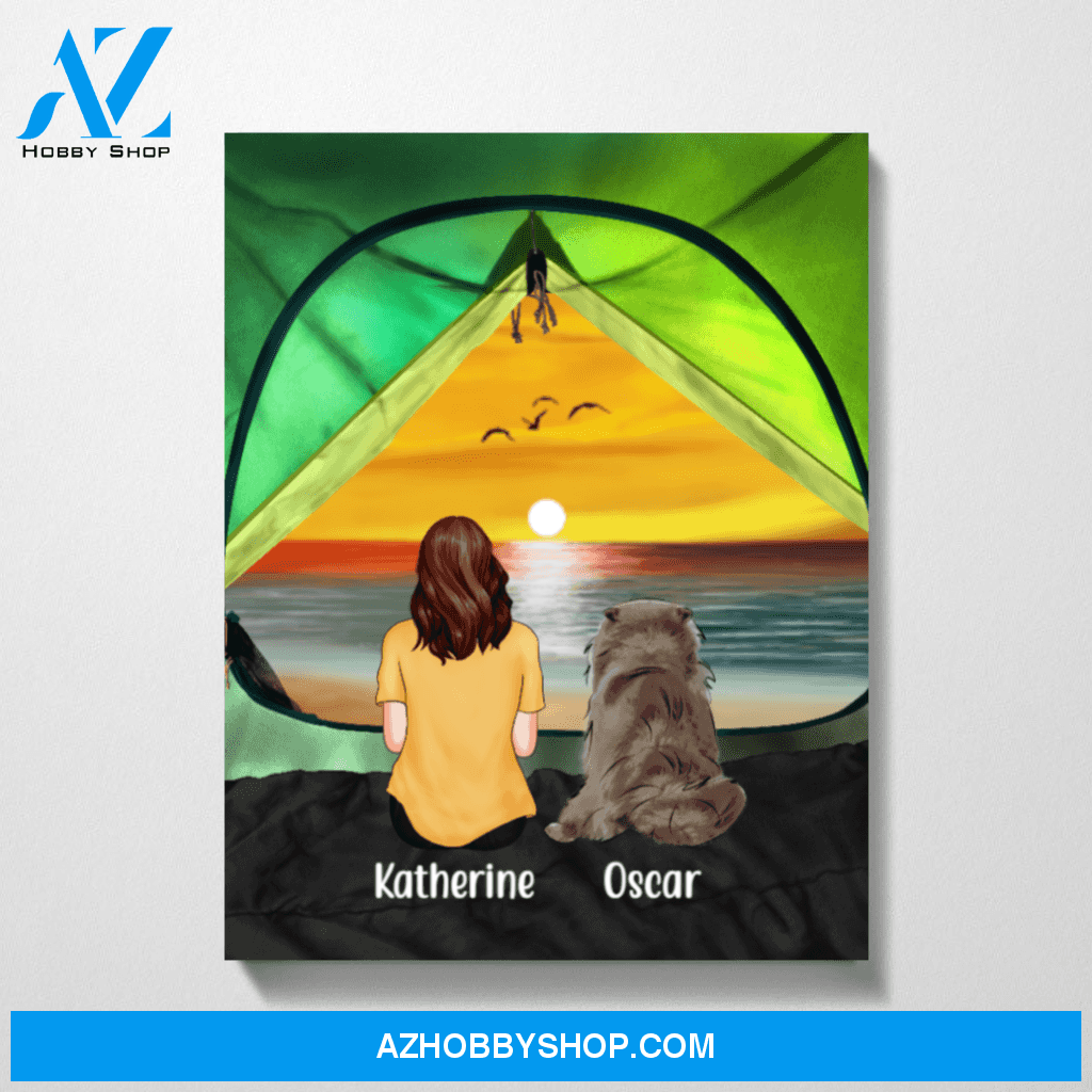 Personalized Canvas, Camping Woman and Dogs, Custom Gift for Camping Lovers