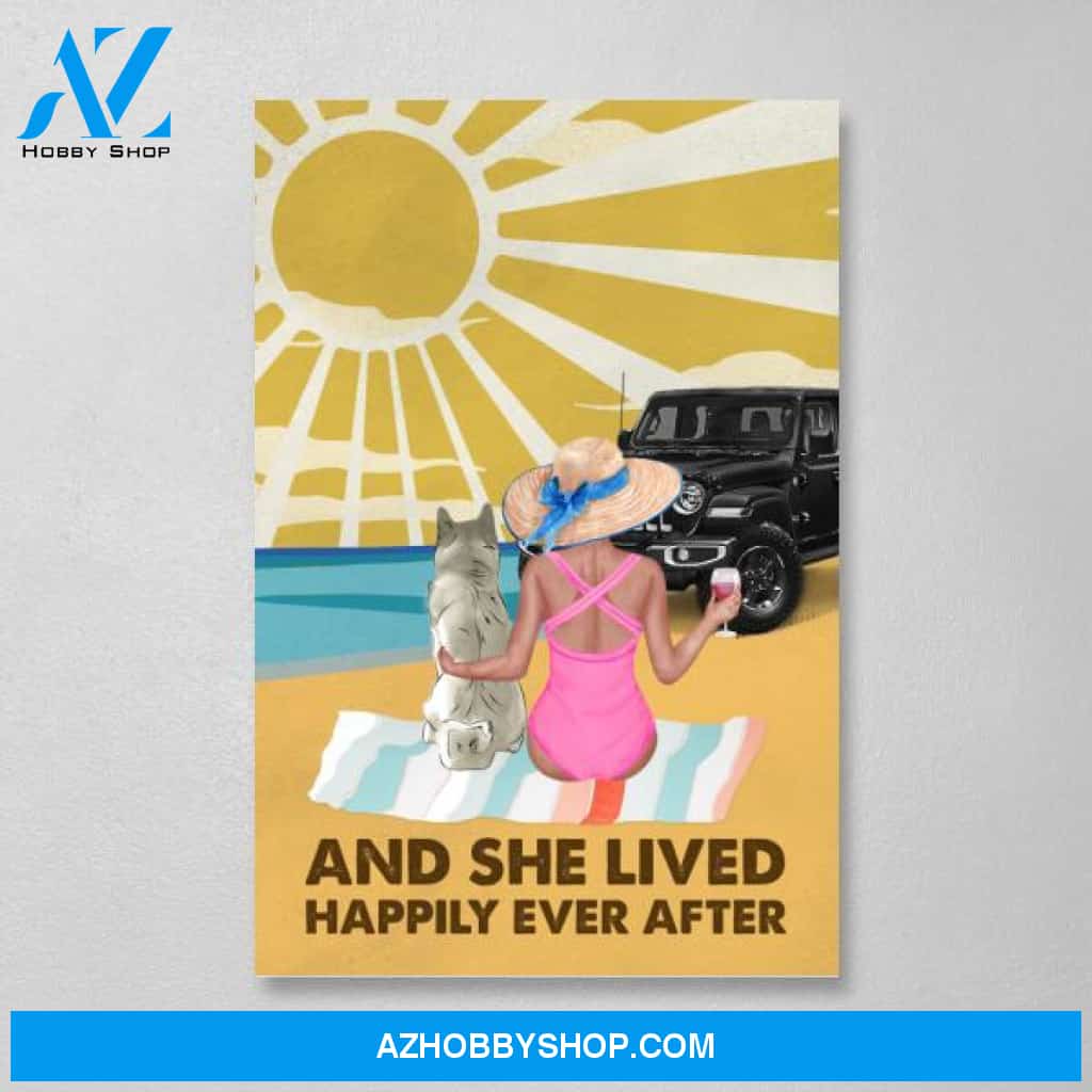 Personalized Canvas, Woman Drinking with Dogs On Beach, Gift for Beach, Dog Lovers