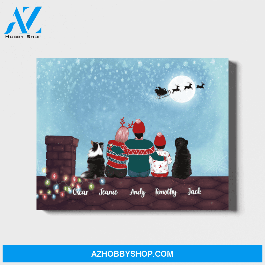 Personalized Landscape Canvas, Couple and Kid with Dogs On Rooftop, Custom Gift for Christmas