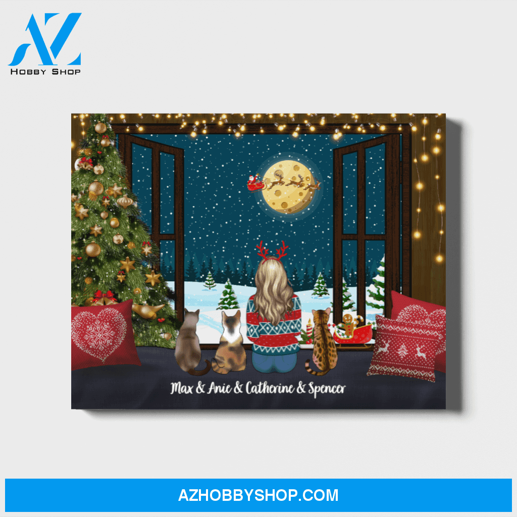 Personalized Landscape Canvas, Girl and Cats Custom Cat Lovers Gift for Christmas