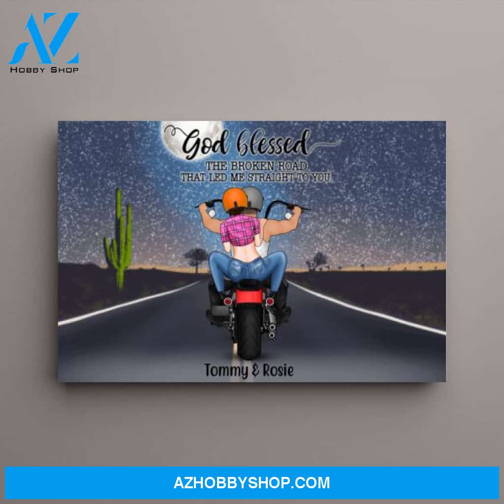 Personalized Landscape Canvas, Motorcycle Couple, Gift for Bikers