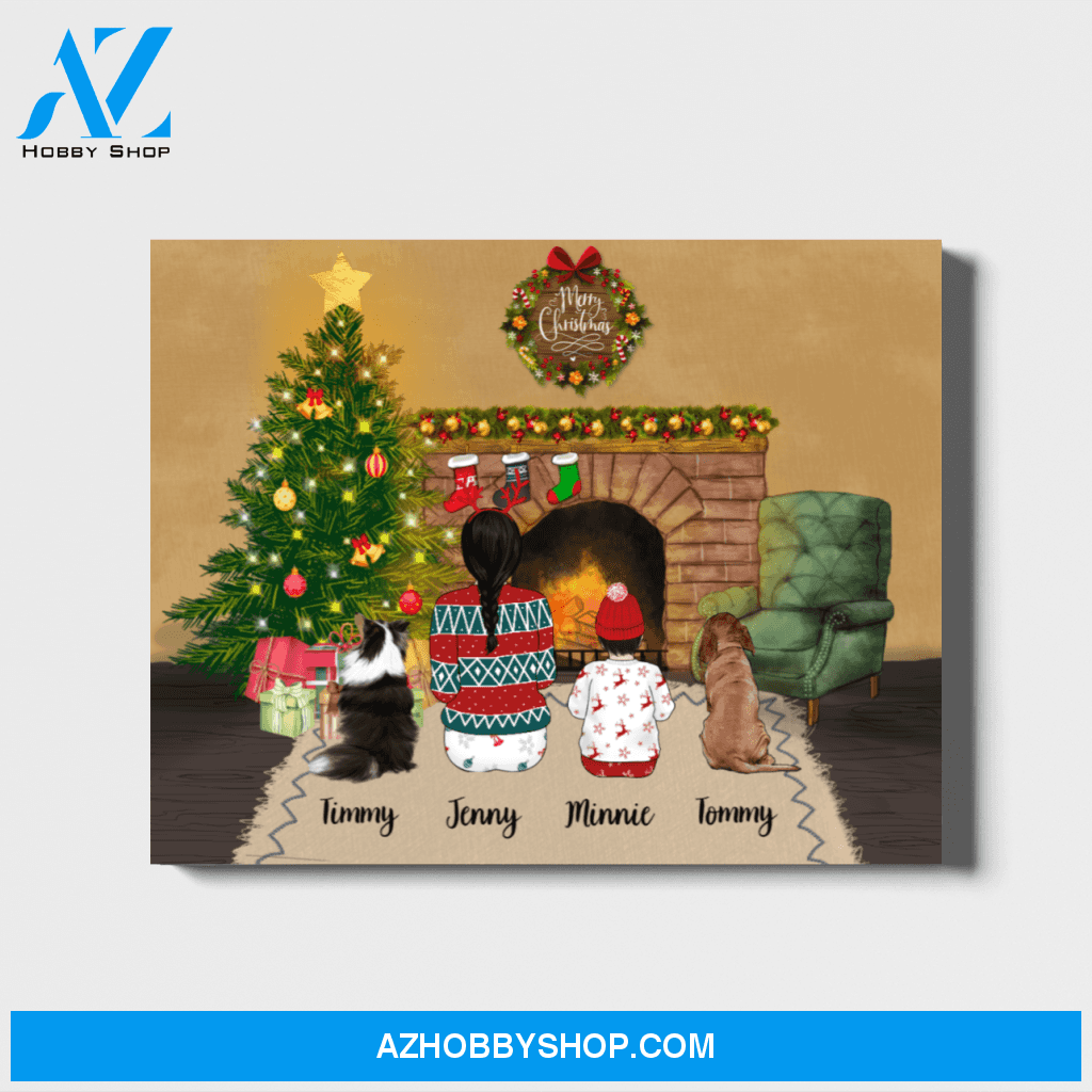 Personalized Landscape Canvas, Woman and Kid with Dogs Christmas, Custom Gift for Dog Lovers