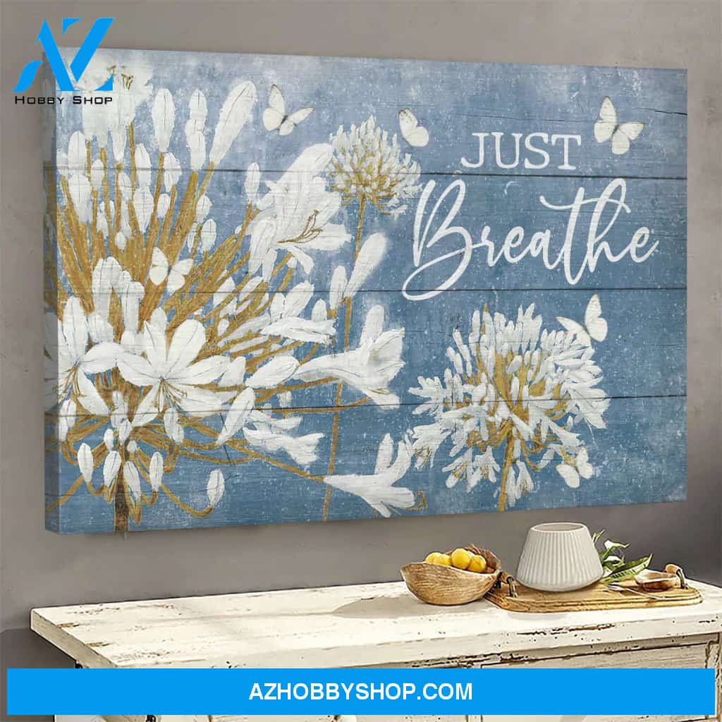 White lily flower with blue background - Just breathe - Jesus Landscape Canvas Prints - Wall Art