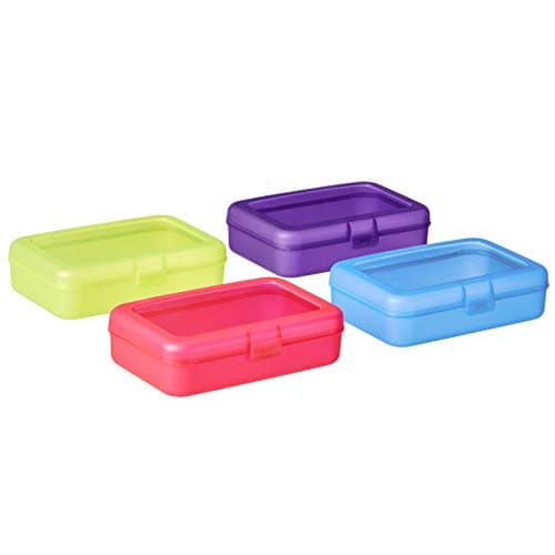 Amazon Basics 4-Pack Large Pencil Cases, Storage Organizer, Durable Plastic School Supply Box, Multi-Color Student Organization for Office, College & Classroom Supplies