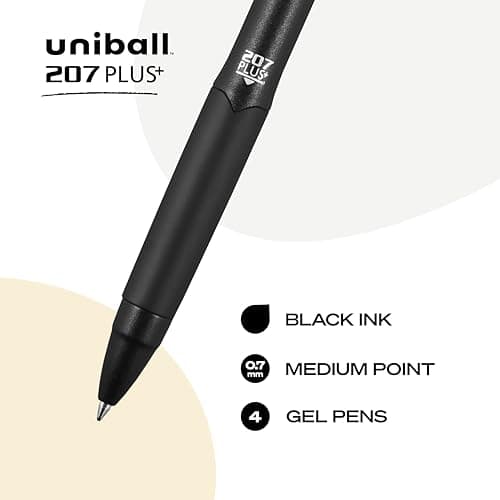 uniball 207 Plus+ Retractable Gel Pens, Medium Point (0.7mm), Black, 4 Pack