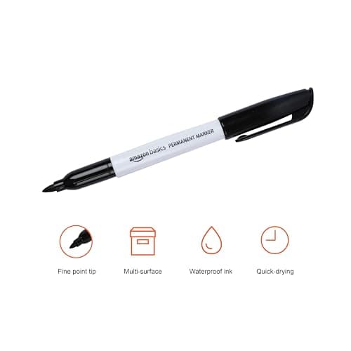 Amazon Basics Fine Tip Permanent Markers for Writing, Drawing, Quick Drying, Office, School, and Home Use, Black, 12 Pack