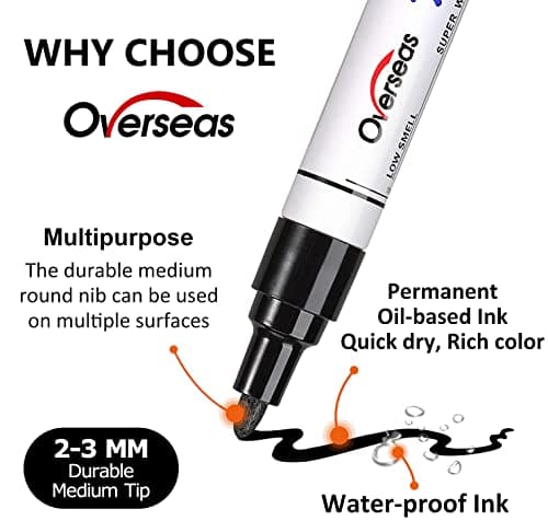 Overseas Permanent Paint Pens White Markers - 2 Pack Single color Oil Based Paint Markers, Medium Tip, Quick Drying and Waterproof Marker Pen for Metal, Rock, Wood, Plastic, Canvas, Rubber, Glass