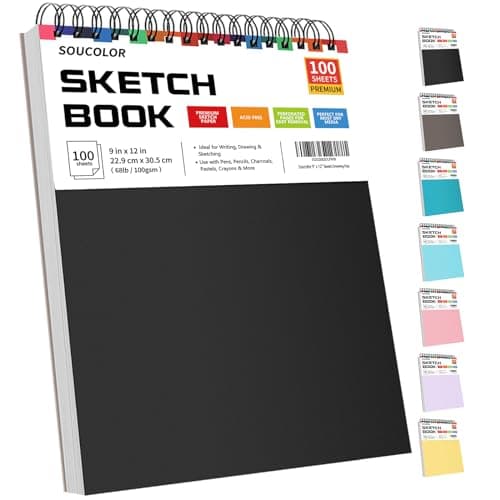 Soucolor 9" x 12" Sketch Book, 100 Sheets Top Spiral Bound Sketchbook with Acid-Free 68lb/100gsm Thick Drawing Paper, Art Sketch Pad for Kids, Adults & Artist, Professional Art Supplies for Beginners