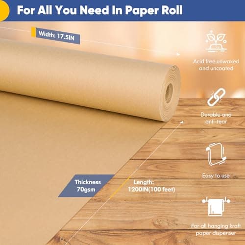 Vanhench Brown Wrapping Paper Roll, Craft Kraft Packing Paper 17.5"x 1200"(100') for Birthday Gift Bulletin Board Arts Bouquet Flower Table Covering Poster Moving Supplies 70GSM 50LB