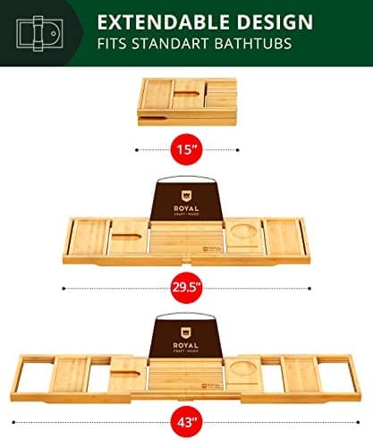 ROYAL CRAFT WOOD Premium Foldable Bathtub Tray Caddy - Wood Bath Tray for Tub, Bamboo Shelf, Expandable Bath Table Trays, Bathtub & Bathroom Accessories for New Home & Mothers, Birthday Gifts for Mom