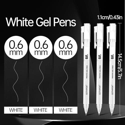 GETHPEN 0.6mm Fine Point White Gel Pens, 3-Pack for Artists Drawing, Sketching, Illustration, and Adult Coloring Books, Opaque White Ink for Black Paper, Bullet Journaling, and Card Making