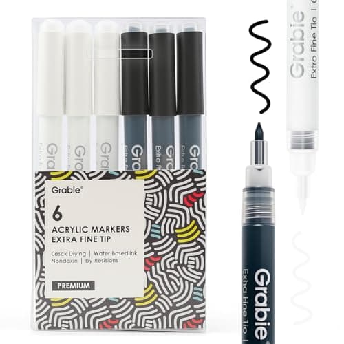 Grabie Black & White Extra Fine Tip Acrylic Paint Marker Set, 6 Pack, 0.7mm Acrylic Paint Pens for Highlights and Fine Details on Drawings, Rock Painting Glass Canvas Wood, White Highlight Markers