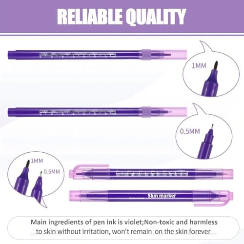 Zonon 5 Pieces Tattoo Tip Markers Skin Marker Pen Tattoo Pen in 0.5 mm and 1 mm with Paper Ruler for Skin, Eyebrow, Lips (2 Single Head, 3 Double Heads)