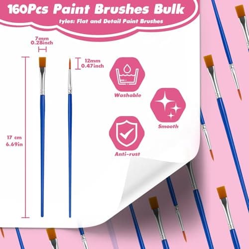 ZRLEI Small Paint Brushes Bulk, 160 Pcs Flat Tip Round Acrylic Paint Brushes for Kids Classroom Acrylic Watercolor Canvas Face Painting Touch Up