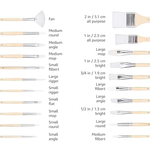 Amazon Basics Multi-shaped Polyester Paint Brushes for Acrylic, Oil, Watercolor, Gouache, Fine Detailing, Face Painting, 24 Count Different Sizes, Wood Color