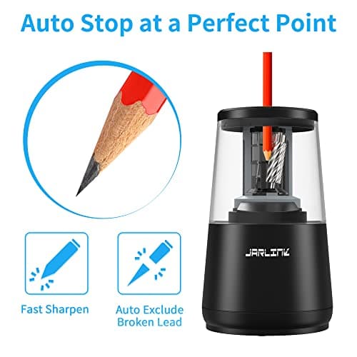 JARLINK Electric Pencil Sharpener, Heavy-Duty Helical Blade to Fast Sharpen, Auto Stop for No.2/Colored Pencils(6-8mm), AC Adapter/Battery Operated in School Classroom/Office/Home (Black)