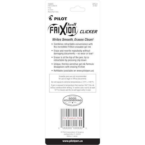 PILOT FriXion Clicker Erasable, Refillable & Retractable Gel Ink Pens, Fine Point, Black/Blue/Red Inks, 3-Pack (31467)