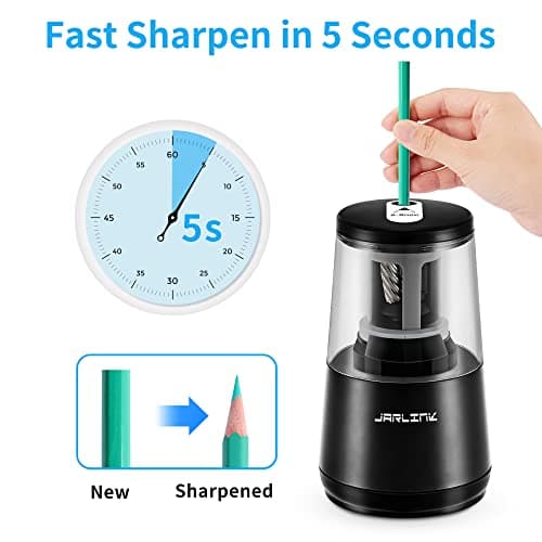 JARLINK Electric Pencil Sharpener, Heavy-Duty Helical Blade to Fast Sharpen, Auto Stop for No.2/Colored Pencils(6-8mm), AC Adapter/Battery Operated in School Classroom/Office/Home (Black)
