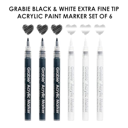 Grabie Black & White Extra Fine Tip Acrylic Paint Marker Set, 6 Pack, 0.7mm Acrylic Paint Pens for Highlights and Fine Details on Drawings, Rock Painting Glass Canvas Wood, White Highlight Markers