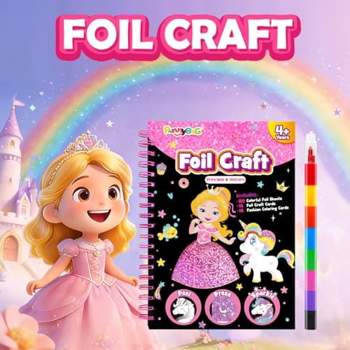 FUNNYB&G Foil Art Craft Kit for Girls 4-10 Years Old: Mess-Free & No-Glue, Create 16 Sparkly Princess Unicorn Pictures – Perfect Travel Toy & Birthday Gift for Kids (Princess)