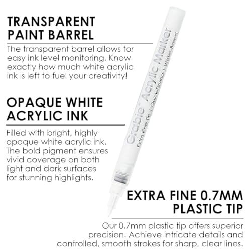 Grabie 6 White Acrylic Paint Markers, 0.7mm Extra Fine Tip Acrylic Paint Pens for Drawing, Coloring Books for Adults