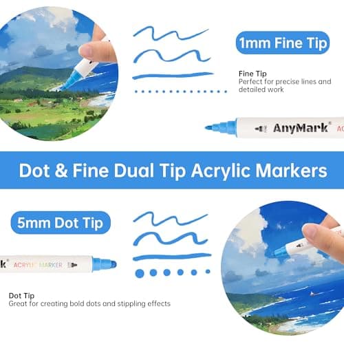 AnyMark 24 Colors Acrylic Paint Markers, Dual Tip Acrylic Paint Pens with Dot & Fine Tip, Premium Paint Markers for Coloring, Canvas, wood, Stone, Rock Painting, Glass