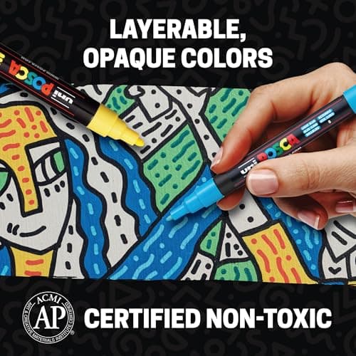 uni Posca Acrylic Paint Art Markers, Set of 12 Extra Fine Point Thin Paint Pens for Coloring Gifts, Fabric, Metal, Glass, Rocks, Wood and Canvas, Assorted Colors, PC1M12C