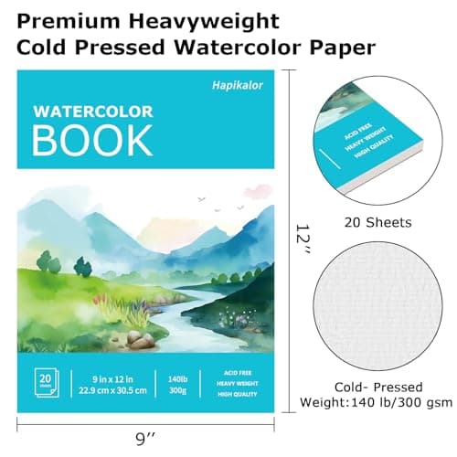 Hapikalor Watercolor Paper Pad, 9"x12" Water Color Paper, 140lb/300gsm Artist Painting Drawing Paper Book, Art Supplies for Adults Kids, Watercolors, Watercolor Paint Set, Sketchbook, Journal, Teal