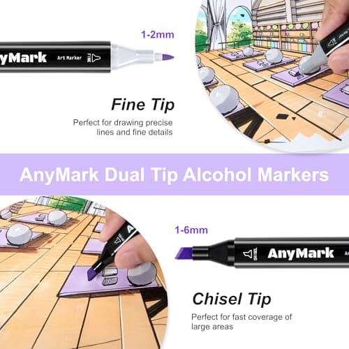 AnyMark Alcohol Markers, 80 Colors Dual Tip Art Coloring Markers Set for Adult Book Drawing Sketching Painting, Chisel & Fine, Black Penholder