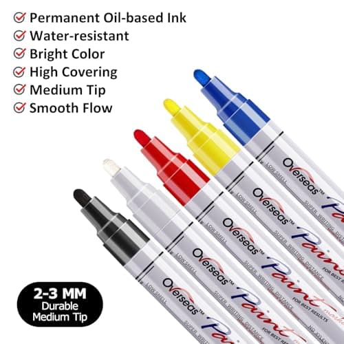 Overseas Paint Marker Pens - 5 Colors Permanent Oil Based Paint Markers, Medium Tip, Quick Dry, Waterproof Assorted Color Marker for Metal, Wood, Fabric, Plastic, Rock Painting, Stone, Canvas, Glass