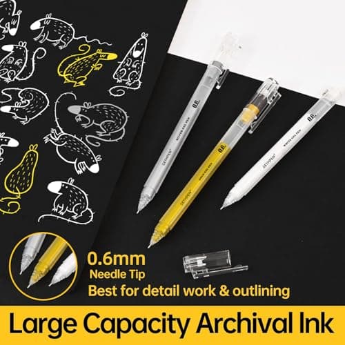 GETHPEN 0.6mm Fine Point White Gel Pens, 3-Pack for Artists Drawing, Sketching, Illustration, and Adult Coloring Books, Opaque White Ink for Black Paper, Bullet Journaling, and Card Making
