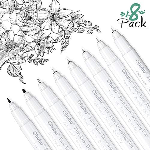 Ohuhu Fineliner Pens Micro Drawing Pens: 8-size Tips (Ultra-fine, Fine & Brush) Waterproof Pigment Black Ink for Illustration Drawing Journaling Sketching for Artist Beginners