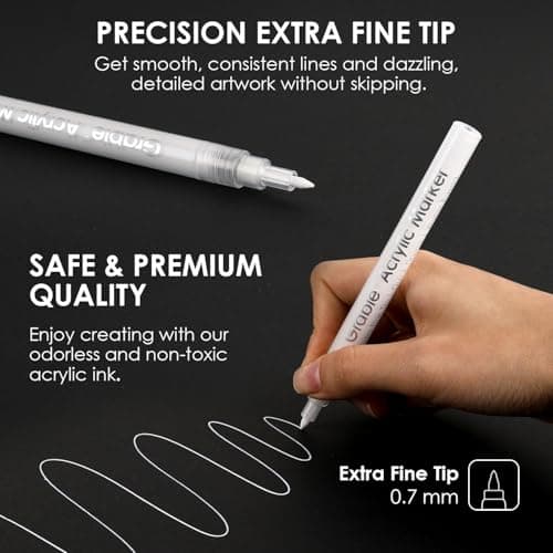 Grabie 6 White Acrylic Paint Markers, 0.7mm Extra Fine Tip Acrylic Paint Pens for Drawing, Coloring Books for Adults