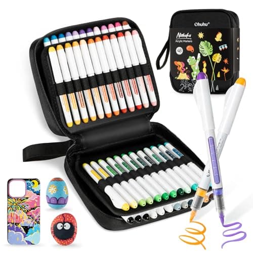 Ohuhu Acrylic Paint Markers Brush Tip: 48 Pack Automatic Ink Control Acrylic Markers High Opacity Paint Pens Waterproof Lightfast for Rock Painting 3D Prints Easter Eggs Wood DIY Crafts- Nahuku