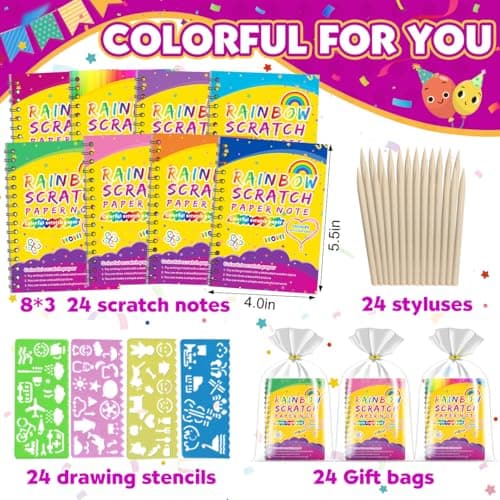 Party Favors for Kids 4-8-12: 24 Pack Scratch Rainbow Art Crafts Notebook, Coloring Book Goodie Bags Stuffers Kit, Bulk Birthday Gift Classroom Prizes Girl Boy Toddler
