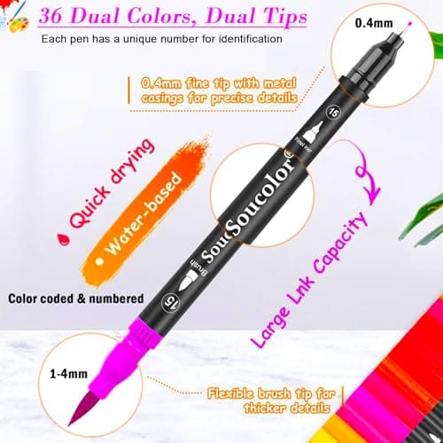 Soucolor Art Brush Markers Pens for Adult Coloring Books, 36 Colors Numbered Dual Tip (Brush and Fine Point) Marker Pen for Note taking Planner Hand Lettering Calligraphy Drawing Journaling