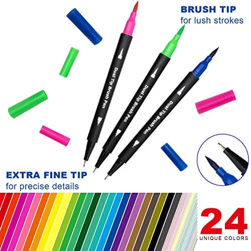 Piochoo Dual Brush Marker Pens,24 Colored Markers,Fine Point and Brush Tip for Adult Coloring Books Bullet Journals Planners,Note Taking Coloring Writing