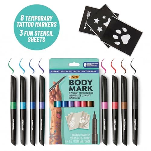 BodyMark Temporary Tattoo Markers, 8-Count Color Collection, Skin-Safe & Cosmetic Quality, Cruelty-Free, Long-Lasting, Flexible Brush Tip, Stencils Included