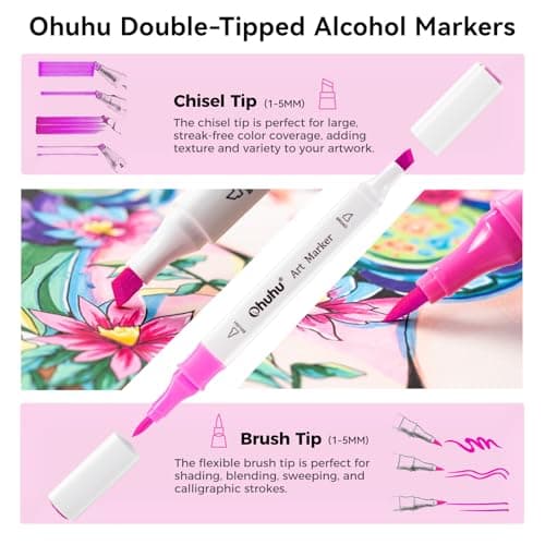 Ohuhu Markers: 48-Color Double Tipped Brush & Chisel Alcohol Markers for Adults Coloring Illustration, Alcohol-based Art Marker Set with Unique Designed Grip, Great Value Pack for Beginners