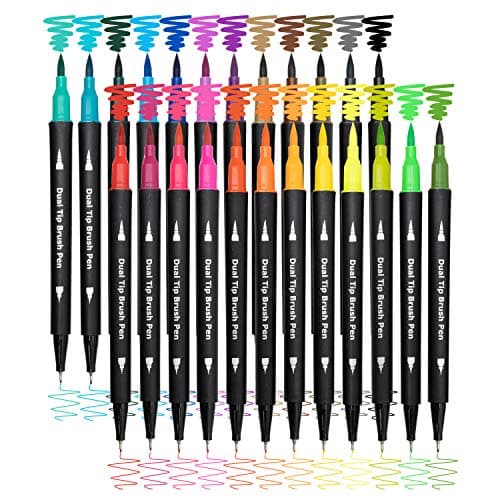 Piochoo Dual Brush Marker Pens,24 Colored Markers,Fine Point and Brush Tip for Adult Coloring Books Bullet Journals Planners,Note Taking Coloring Writing