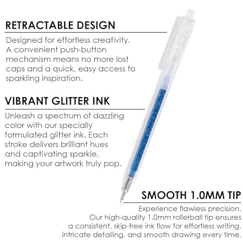Grabie Glitter Gel Pens, 18 Colors Glitter Gel Pens Set, Retractable Sparkle Gel Ink Pens for Coloring Books, Journaling, Drawing, Scrapbooking & DIY Crafts, Smooth Writing Art Pens for Creative Work