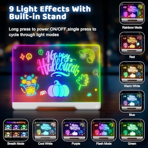 16-Inch Rechargeable LED Drawing Board, 9-Color Light Modes, Neon Art Dry Erase Light Up Doodle Glow Pad with Built-in Stand, Sketching Gift Toy for Kids/Girls/Teens, 7 Markers & Tracing Book