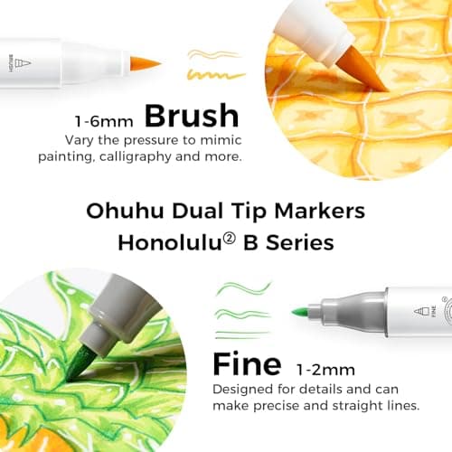Ohuhu Alcohol Markers Brush and Fine Tip - 48-Color Alcohol-based Art Sketch Marker Set for Artist Adults Coloring Illustration - Brush and Fine Dual Tips- Honolulu 2B - Refillable - AP Certificated
