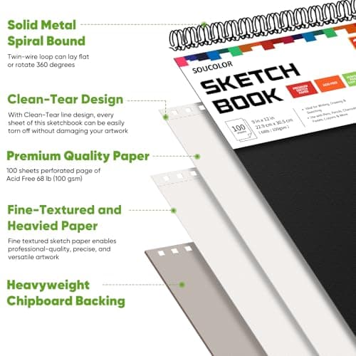 Soucolor 9" x 12" Sketch Book, 100 Sheets Top Spiral Bound Sketchbook with Acid-Free 68lb/100gsm Thick Drawing Paper, Art Sketch Pad for Kids, Adults & Artist, Professional Art Supplies for Beginners
