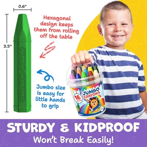 Jumbo Crayons For Toddlers 1-3 - 16pc Toddler Crayons For Kids Ages 4-8 1-3 2-4 - With Printed & PDF Crayon Color Sheets - Non Toxic, Washable, Large & Easy To Grip - Toddler Coloring Art Supplies