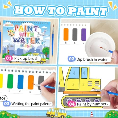 SOCOLER Paint with Water Coloring Books for Toddlers, Traffic Theme Mess Free Watercolor Painting Papers for Kids Water Color Paint Kit Art Craft Birthday Gift for Ages 1-3, 4-8